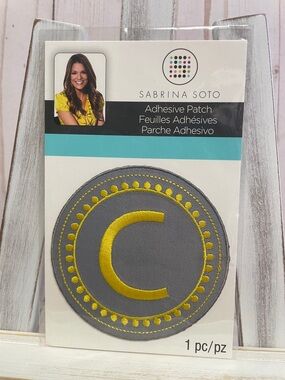 Sabrina Soto 3.5" Round Adhesive Patch Applique Gray Yellow Letter C Initial NEW